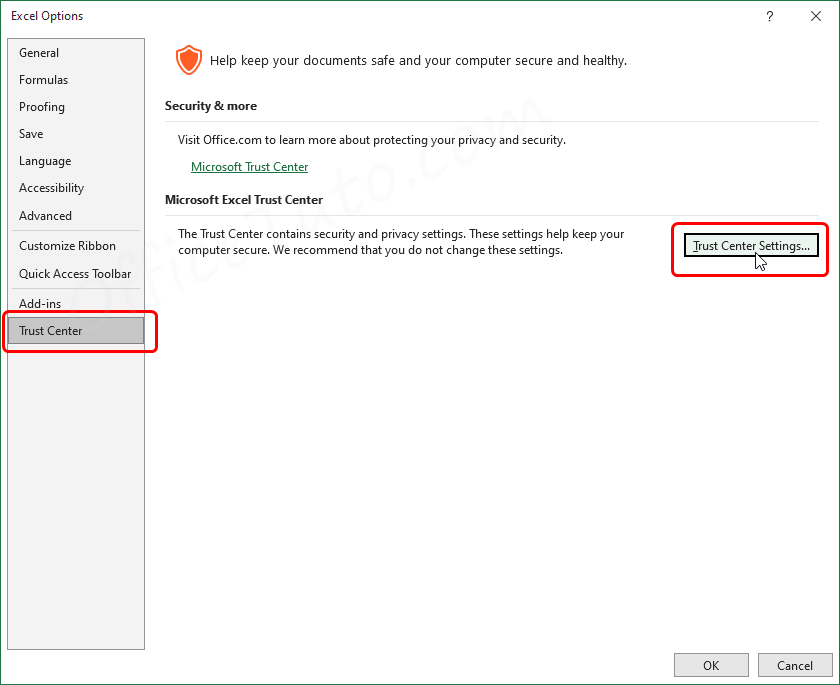 Trust Center section of Excel options dialog box