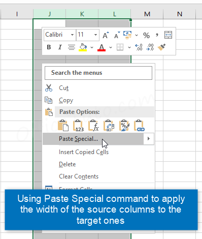 Using Paste Special command to apply the width of the source columns to the target ones in Excel